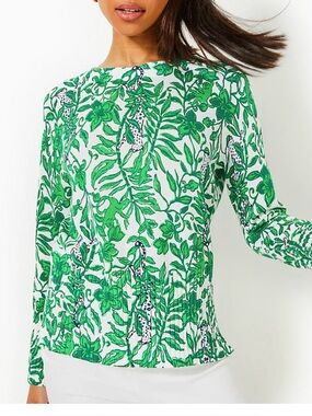 Lilly Pulitzer Fiddle Leaf Green Scoop Neck Shirt. Medium Preppy Tropical Jaguar